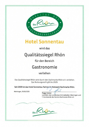 Qualitätssiegel Rhön für die Gastronomie des Hotels Sonnentau gültig bis 2029